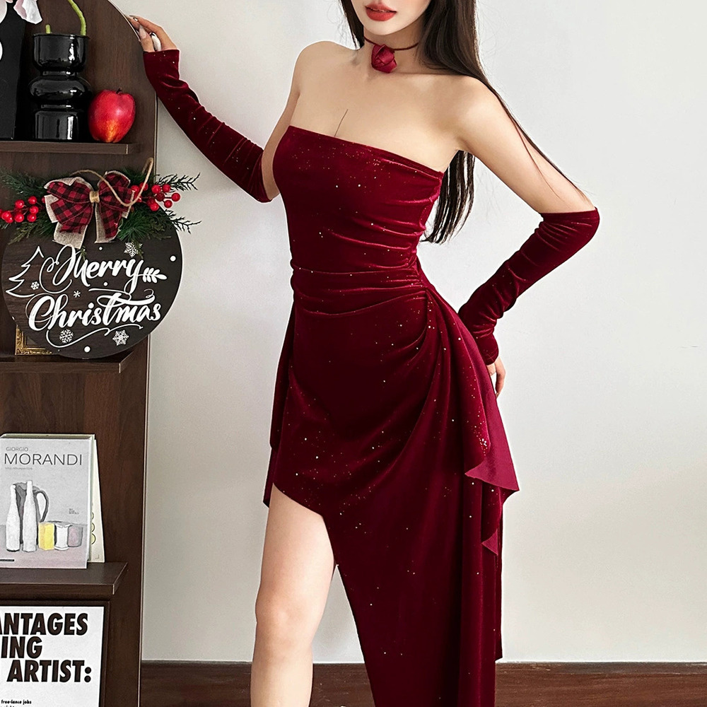 Zara Winter Christmas Sequin Strapless Asymmetrical Flowy Hem Dress
